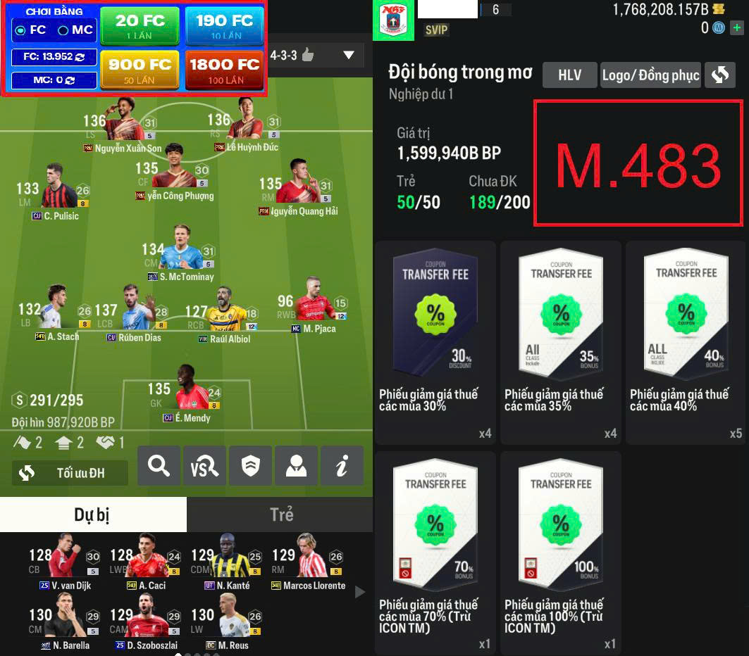 Acc Sẵn 13.952FC - 4 cầu thủ VN PRM - 1,7Tr Tỷ BP Tươi